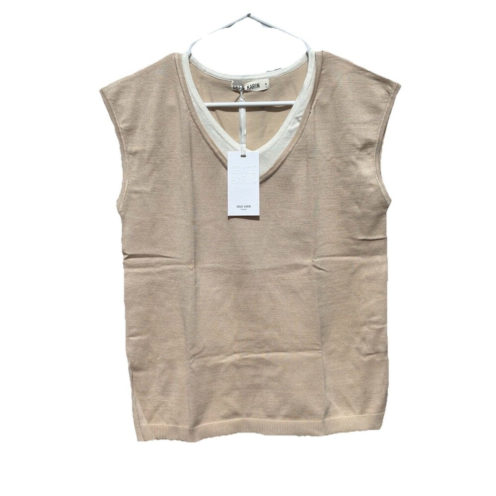 Grace Karin V-Neck Cap Sleeve Pullover Sweater Beige/Tan Size M